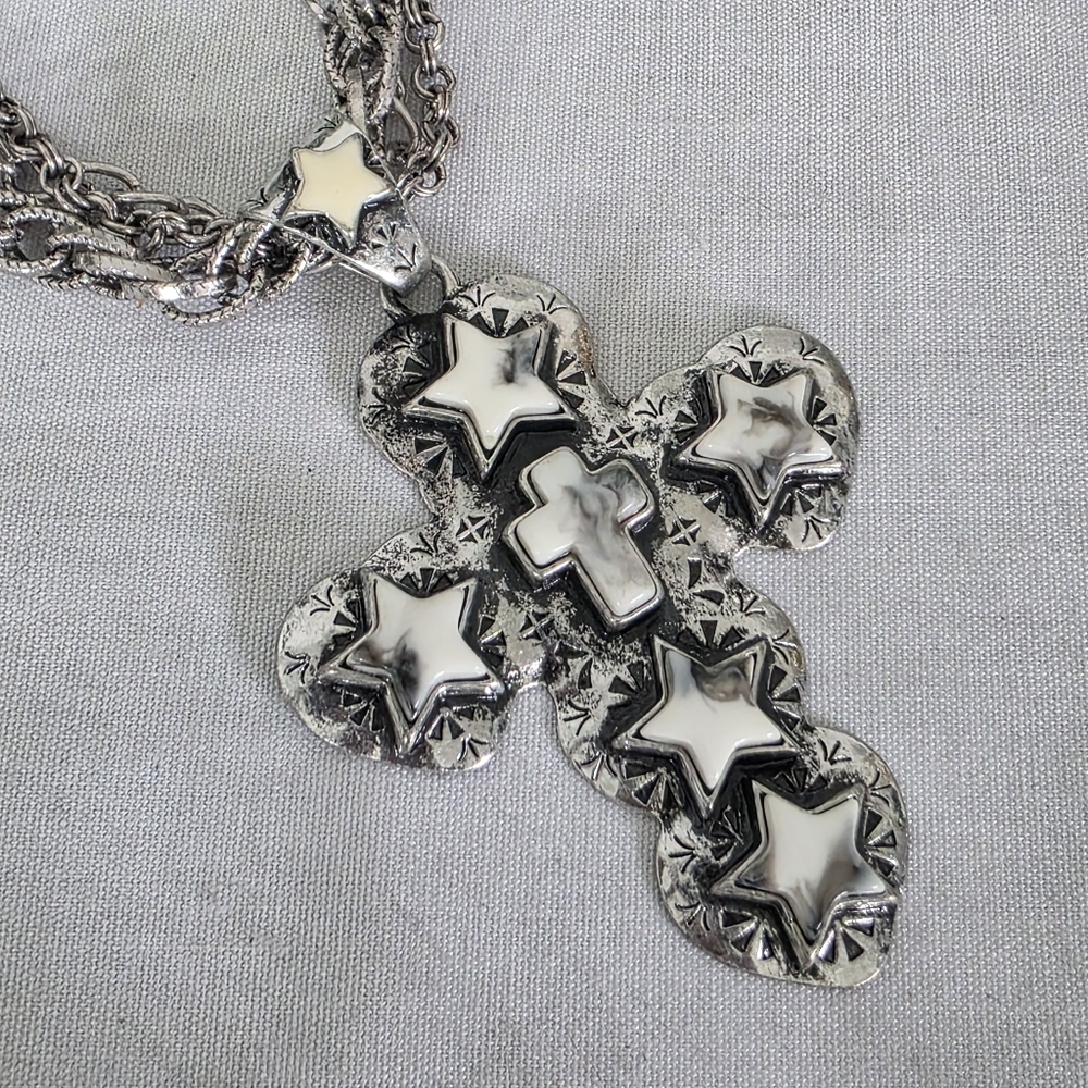 Statement Silver Multi Chain Necklace with Large Cross Pendant & Earrings Set - Picture 6 of 13